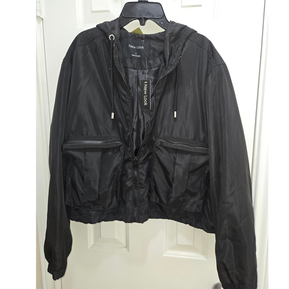 New Look Hooded Drawstring Zip Closure Jacket Lightweight Black Sz L Like New
